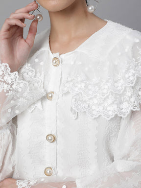 Women Loose Fit White Embroidered Lace Shirt