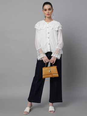 Women Loose Fit White Embroidered Lace Shirt