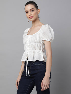 Women Square Neck Short Sleeves Blouson Top