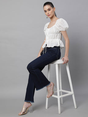 Women Square Neck Short Sleeves Blouson Top