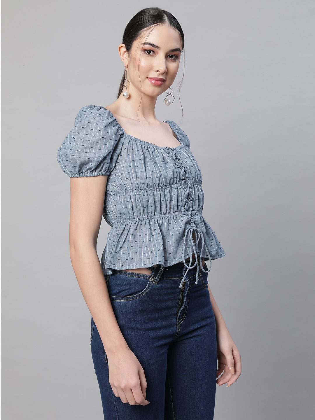 Women Square Neck Short Sleeves Blouson Top