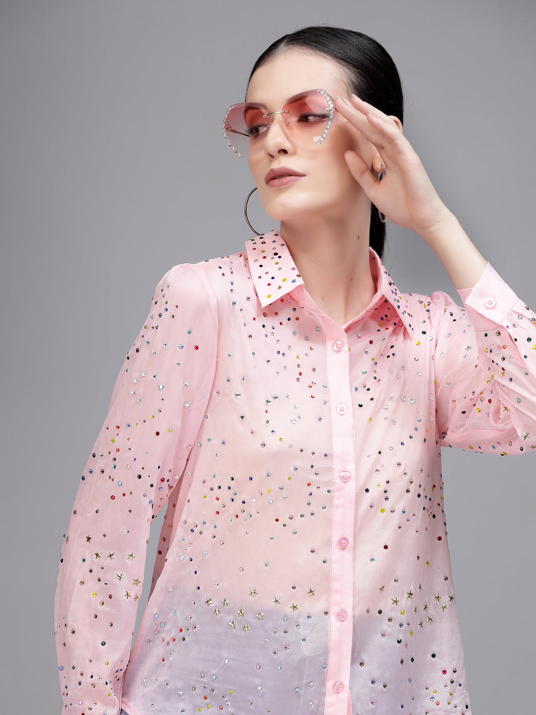 Women Pink Straight Fit Collar Neck Embellished Shirt