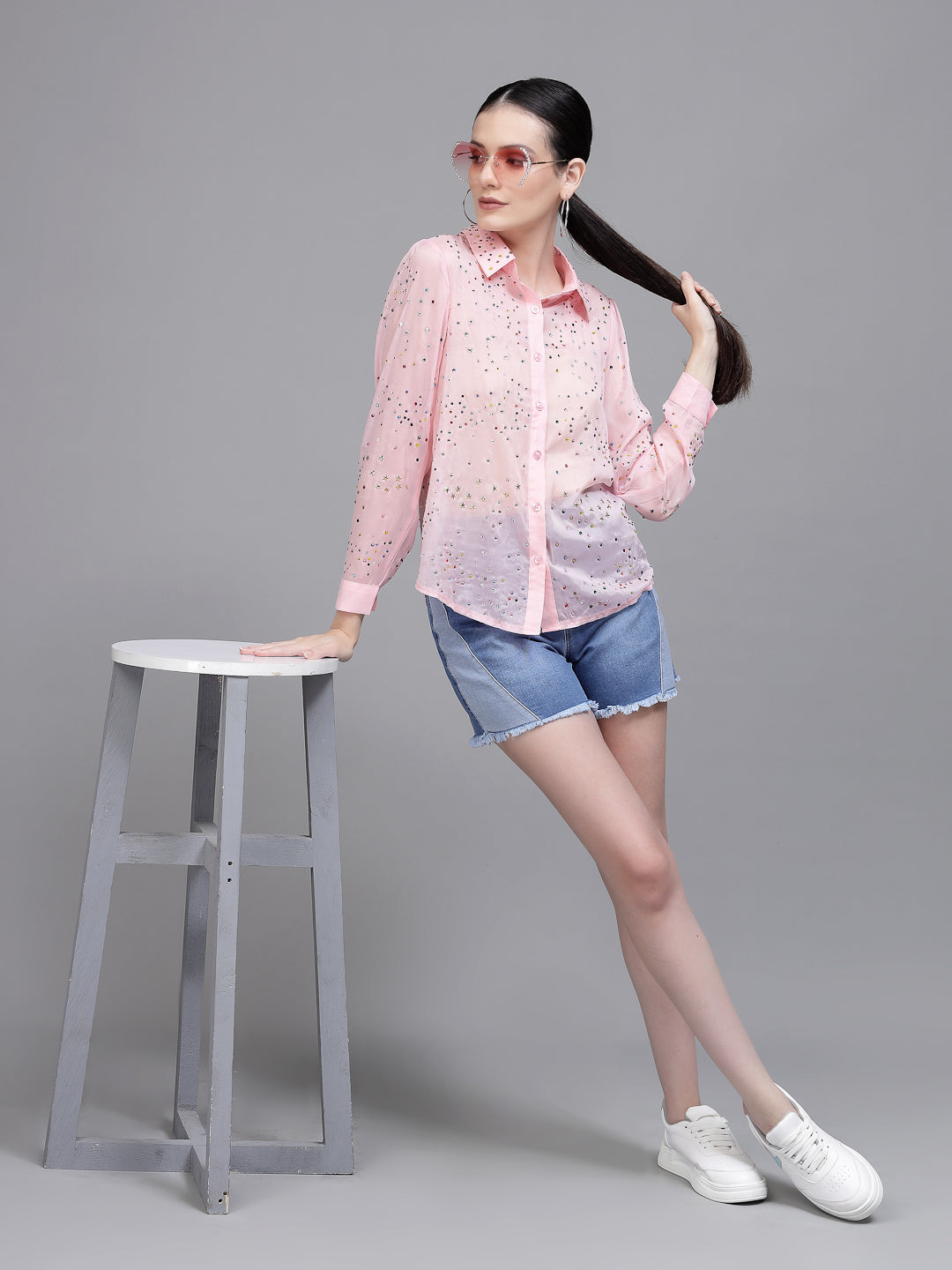 Women Pink Straight Fit Collar Neck Embellished Shirt