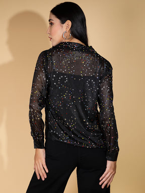 Women Collar Neck Embellished Black Shirt