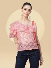 Women Tomato Red One Shoulder Neck Printed Blouson Top