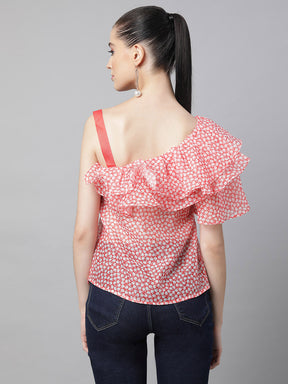 Women Tomato Red One Shoulder Neck Printed Blouson Top