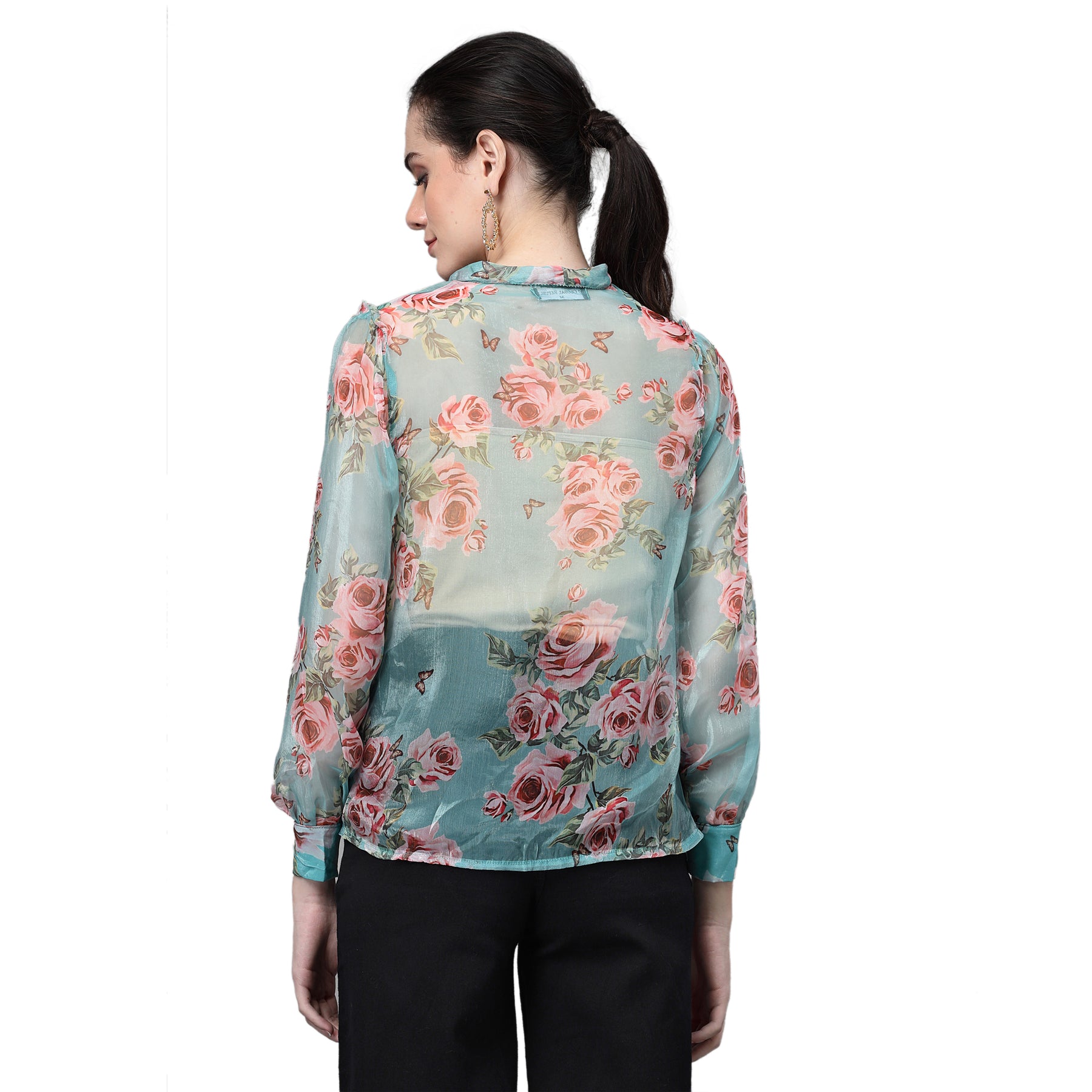 Women Jabot Collar Neck Printed Aqua Shirt