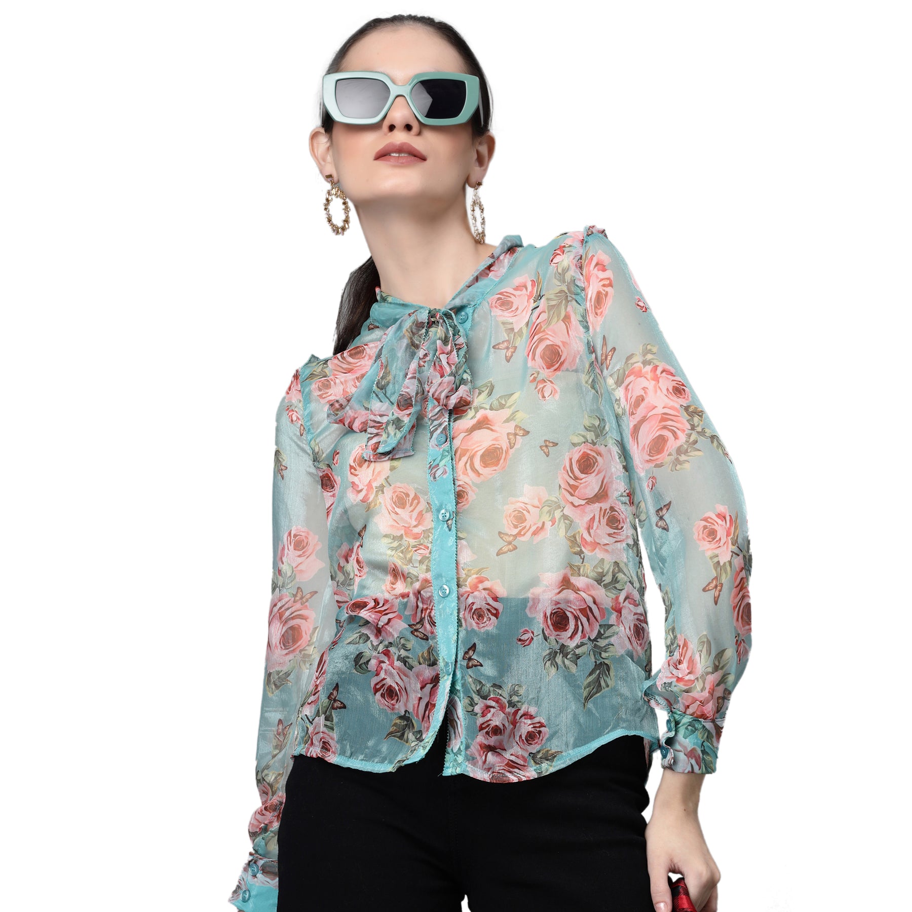 Women Jabot Collar Neck Printed Aqua Shirt