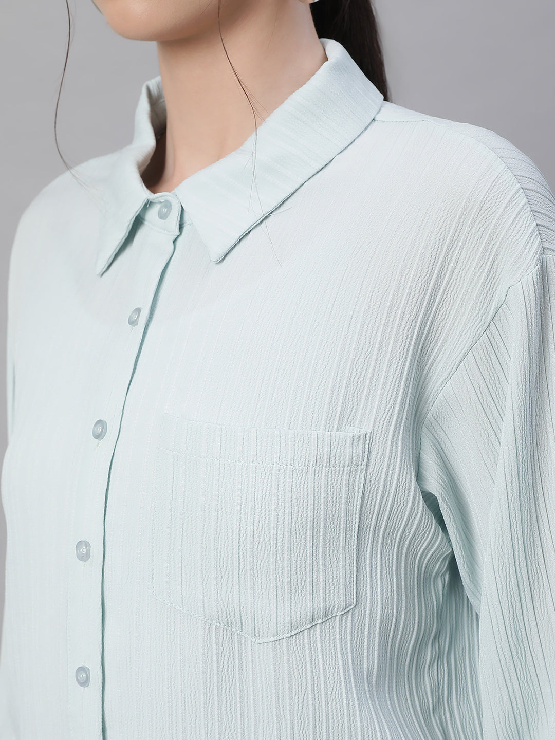 Women Light Blue Cotton Embroidered Asymmetric Hem Shirt