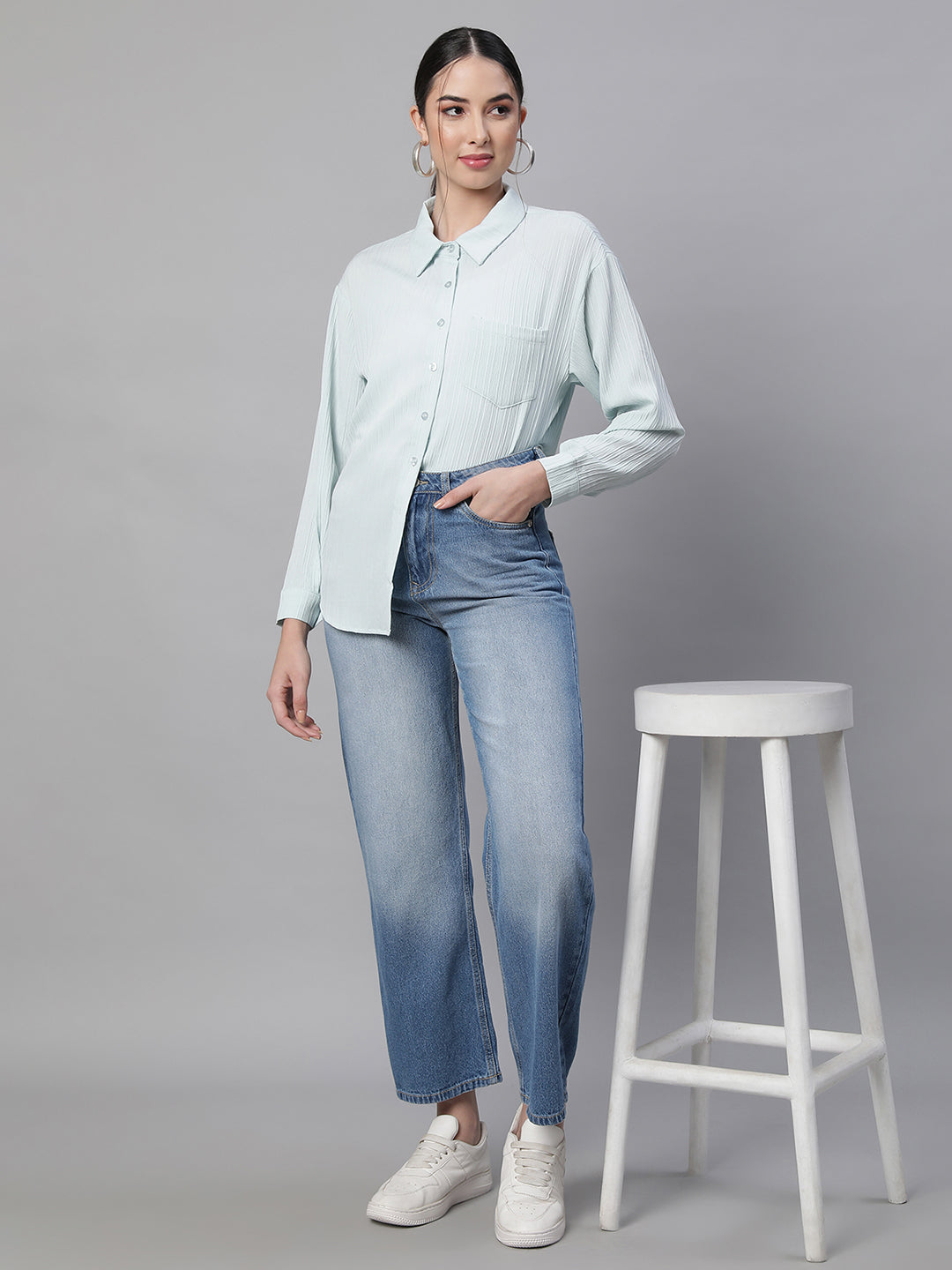 Women Light Blue Cotton Embroidered Asymmetric Hem Shirt