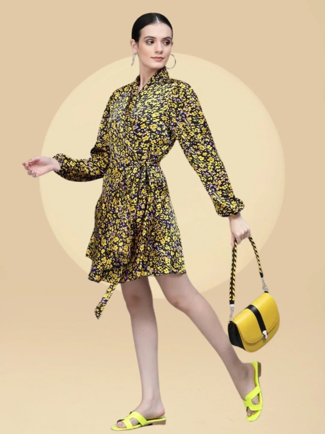 Women Yellow Collar Neck Printed Wrap Dress