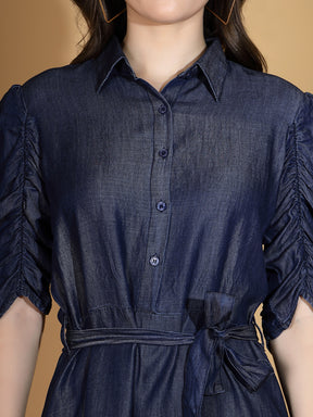 Women Dark Blue Collar Neck Shirt Dress