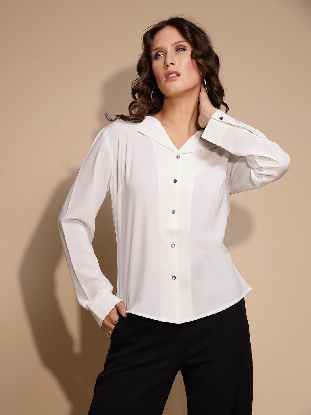 Women Solid Collar Neck Polyester Blend Plain Shirt