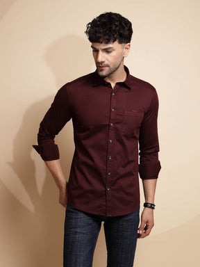 Wine Solid Full Sleeve Collar Neck Cotton Blend Shirt