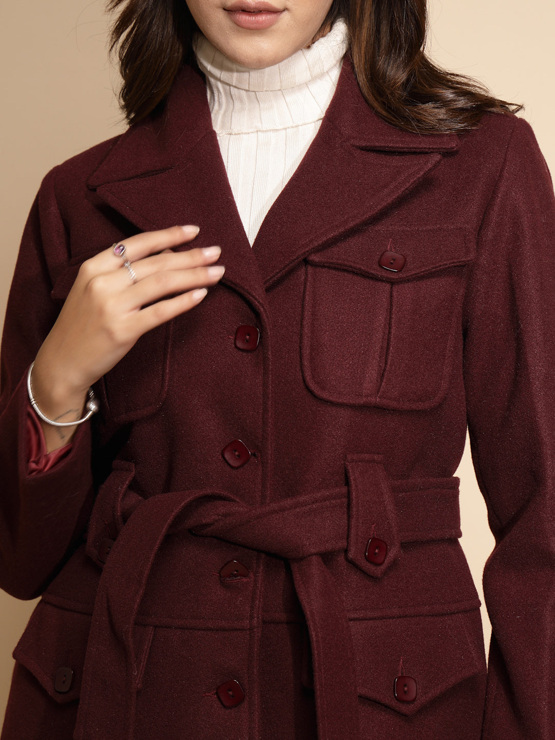 Women Wine Solid Collared Neck Full Sleeve Knitted Wrap Coat