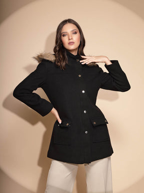 Women's Solid Hooded Black Blazer