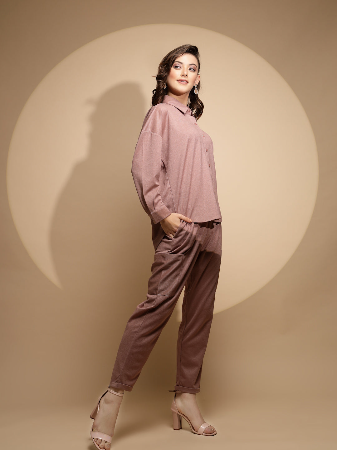 Women Pink Solid Mandarin Collar Full Sleeve Loose fit Night Set