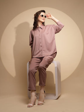 Women Pink Solid Mandarin Collar Full Sleeve Loose fit Night Set