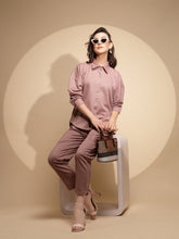 Women Pink Solid Mandarin Collar Full Sleeve Loose fit Night Set