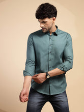 Teal Solid Full Sleeve Collar Neck Cotton Blend Shirt