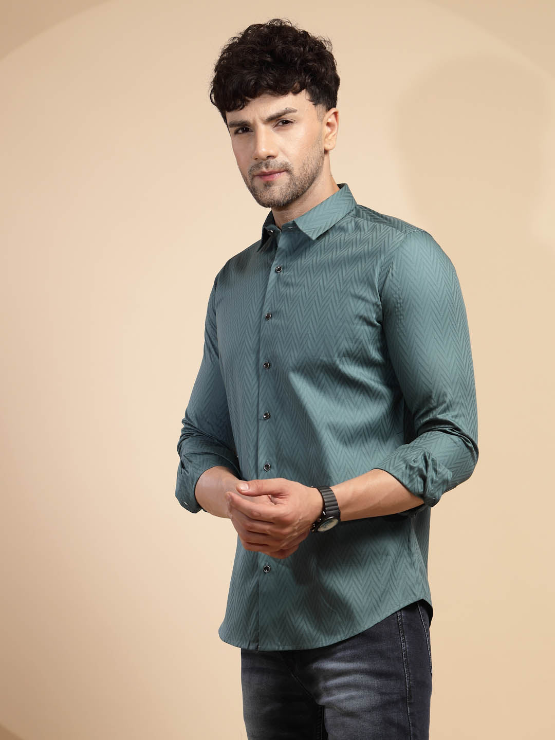 Teal Solid Full Sleeve Collar Neck Cotton Blend Shirt