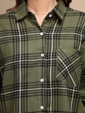 Green Check Collared Neck Cotton  Check Shirt