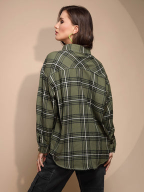 Green Check Collared Neck Cotton  Check Shirt