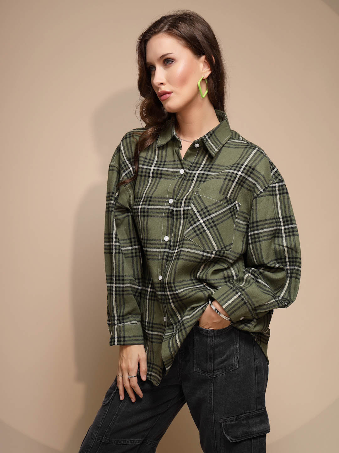 Green Check Collared Neck Cotton  Check Shirt