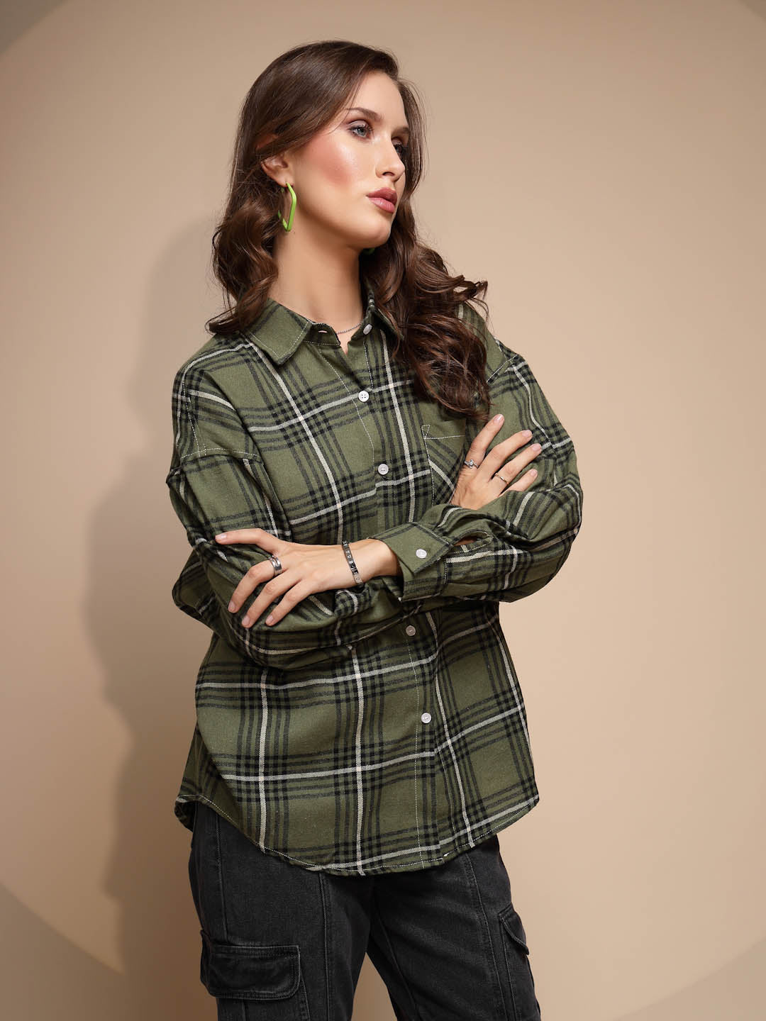 Green Check Collared Neck Cotton  Check Shirt