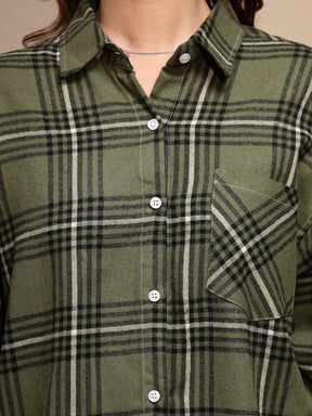 Green Check Collared Neck Cotton  Check Shirt