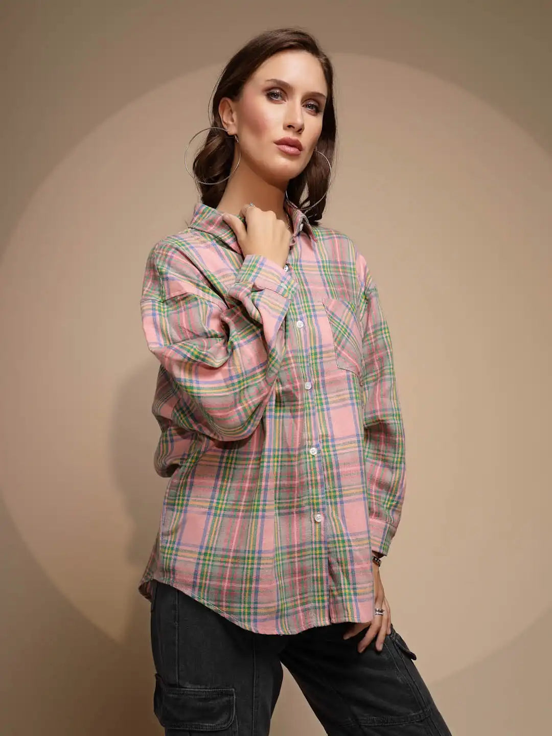 Pink Solid Collared Neck Cotton Check Shirt