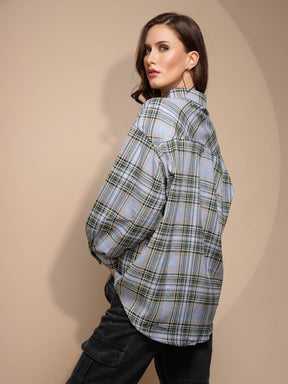 Blue Solid Collared Neck Cotton Check Shirt