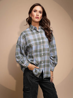 Blue Solid Collared Neck Cotton Check Shirt