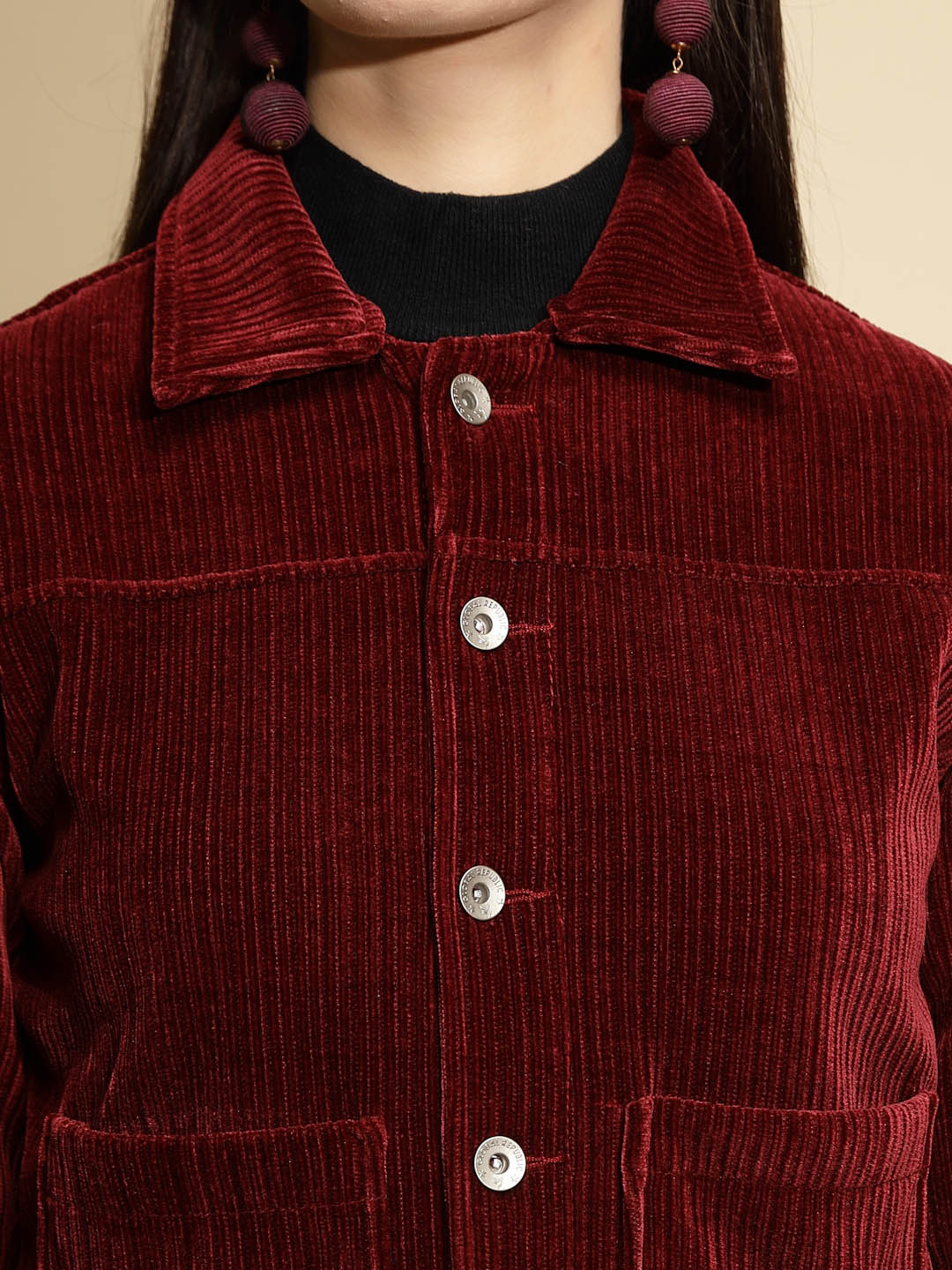 Solid Maroon Full Sleeve Collar Neck Suede Jacket