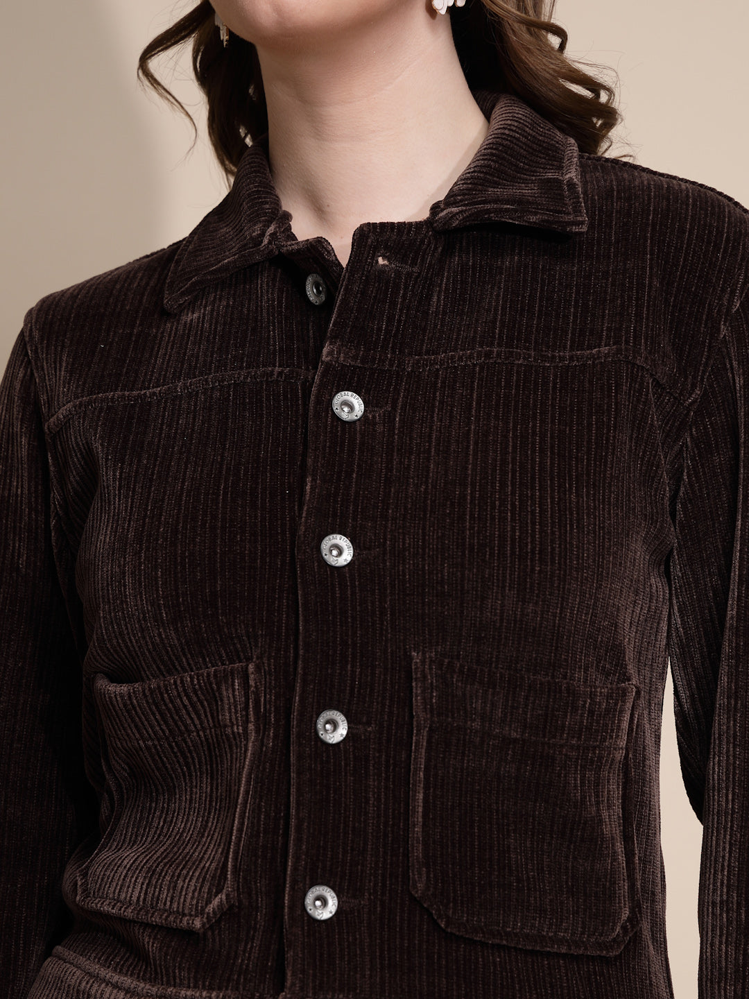 Women Brown Solid Full Sleeve Collared Neck Suede Jacket