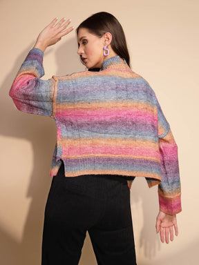 Multi Color High Neck Full Neck Knitted Pullover