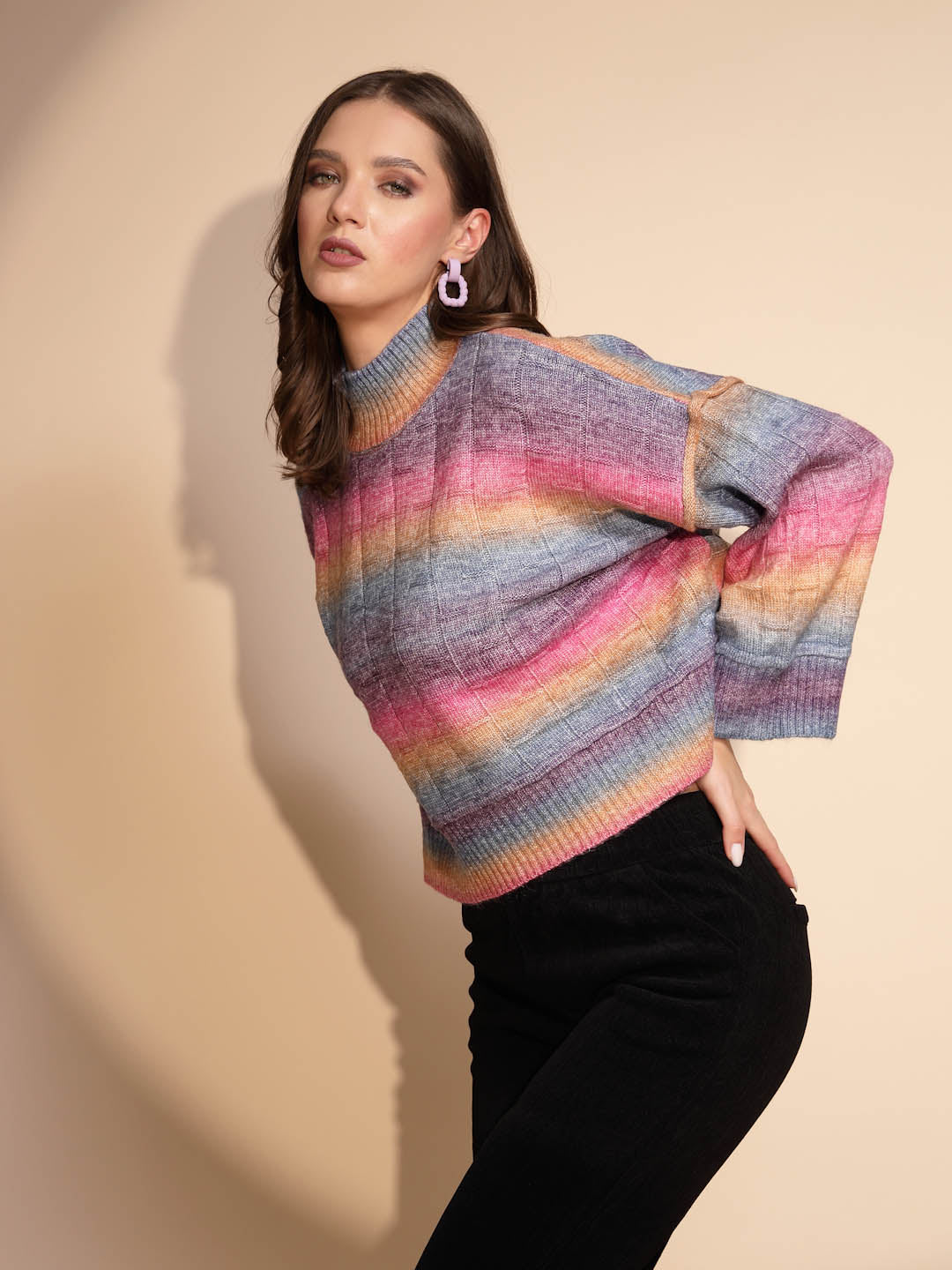 Multi Color High Neck Full Neck Knitted Pullover