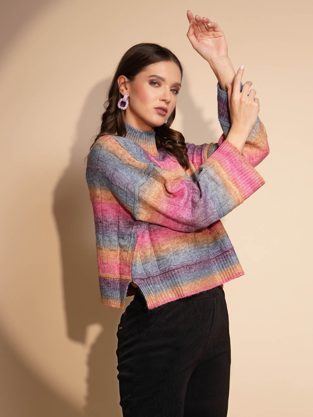 Multi Color High Neck Loose Fit Drop Shoulder Knitted Pullover