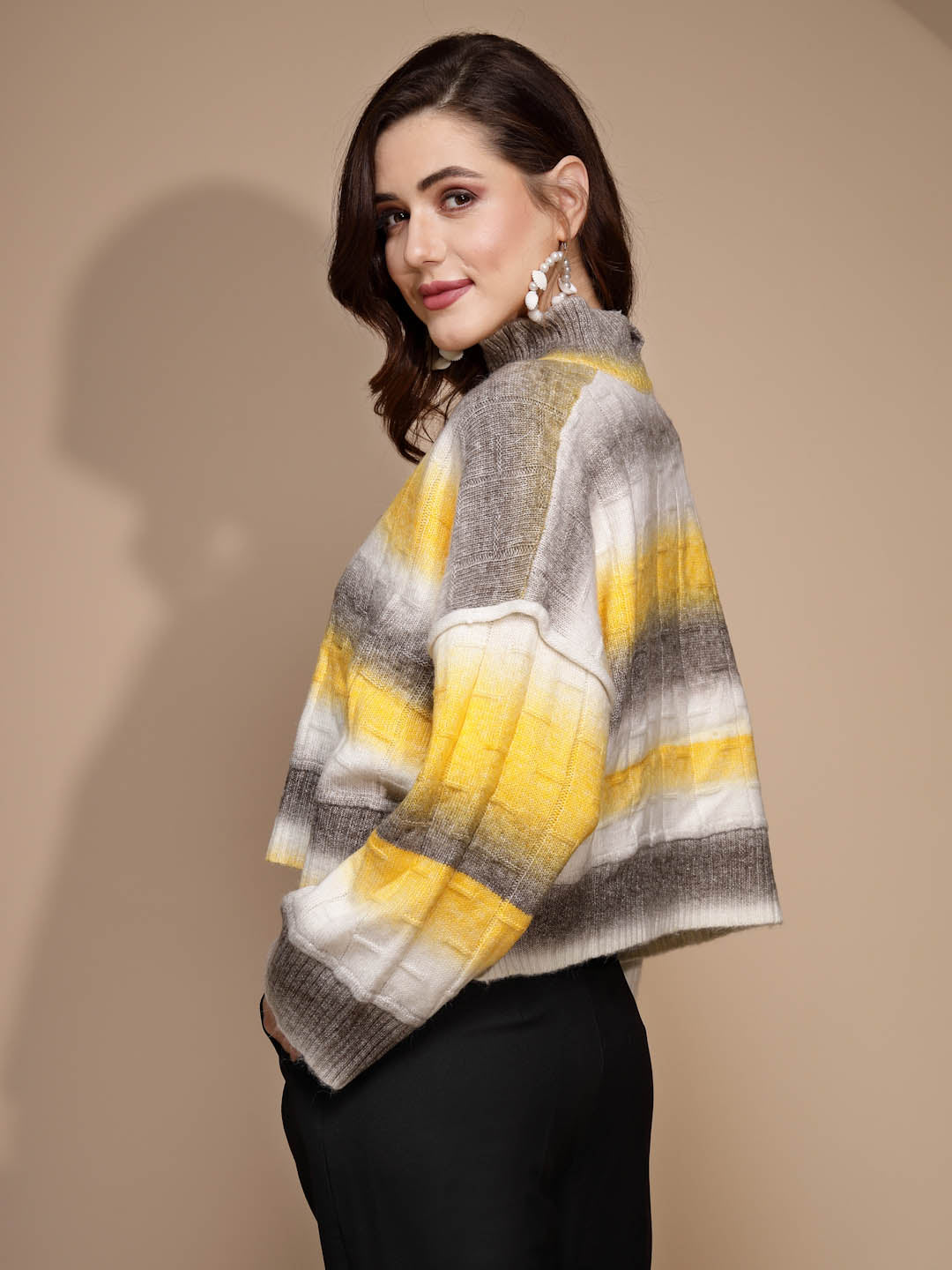 Yellow Solid Turtleneck Acrylic Pullover