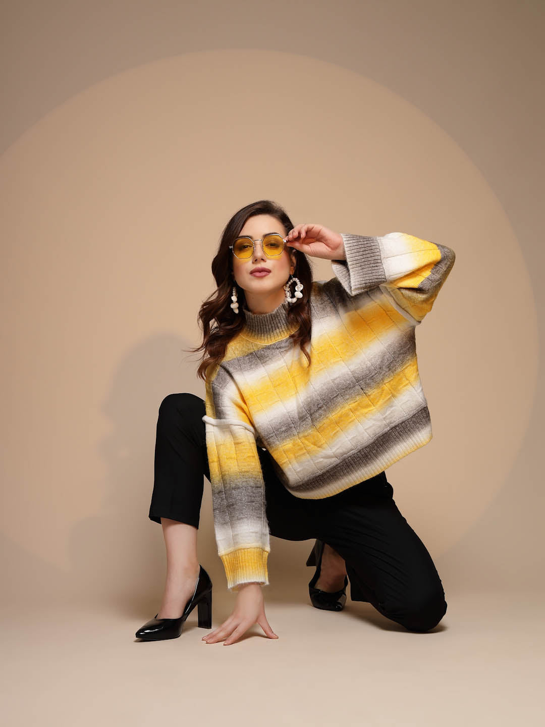 Yellow Solid Turtleneck Acrylic Pullover