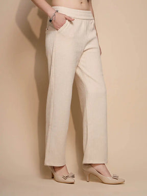 White Solid High Rise Cotton Blend Lower