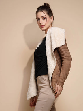 Brown Embossed & Knitted Shrug With Fleece Lining