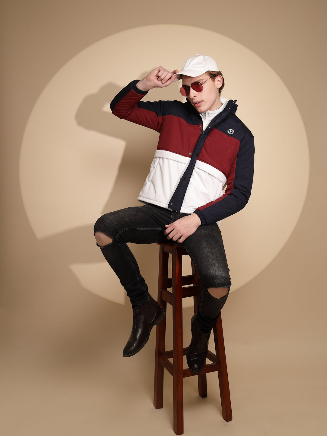 Men Navy and White Color Block Full Sleeve Turtle Neck Polycotton Jacket