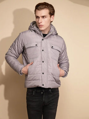 Men Light Grey Solid Full Sleeve Polycotton Hooded Puffer Jacket