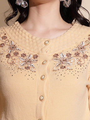 Women's Embroidery Round Neck Beige Cardigan