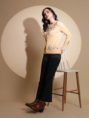 Women's Embroidery Round Neck Beige Cardigan