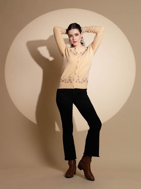 Women's Embroidery Round Neck Beige Cardigan