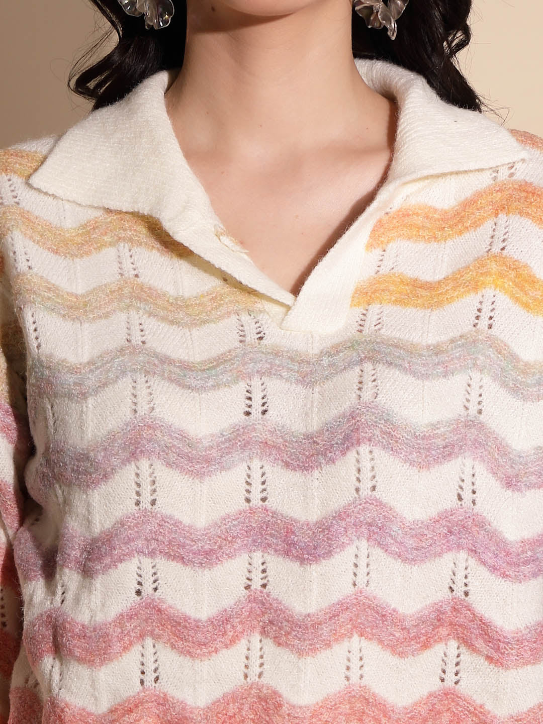 Multicolor Striped Print Full Sleeve Collared Neck Pullover