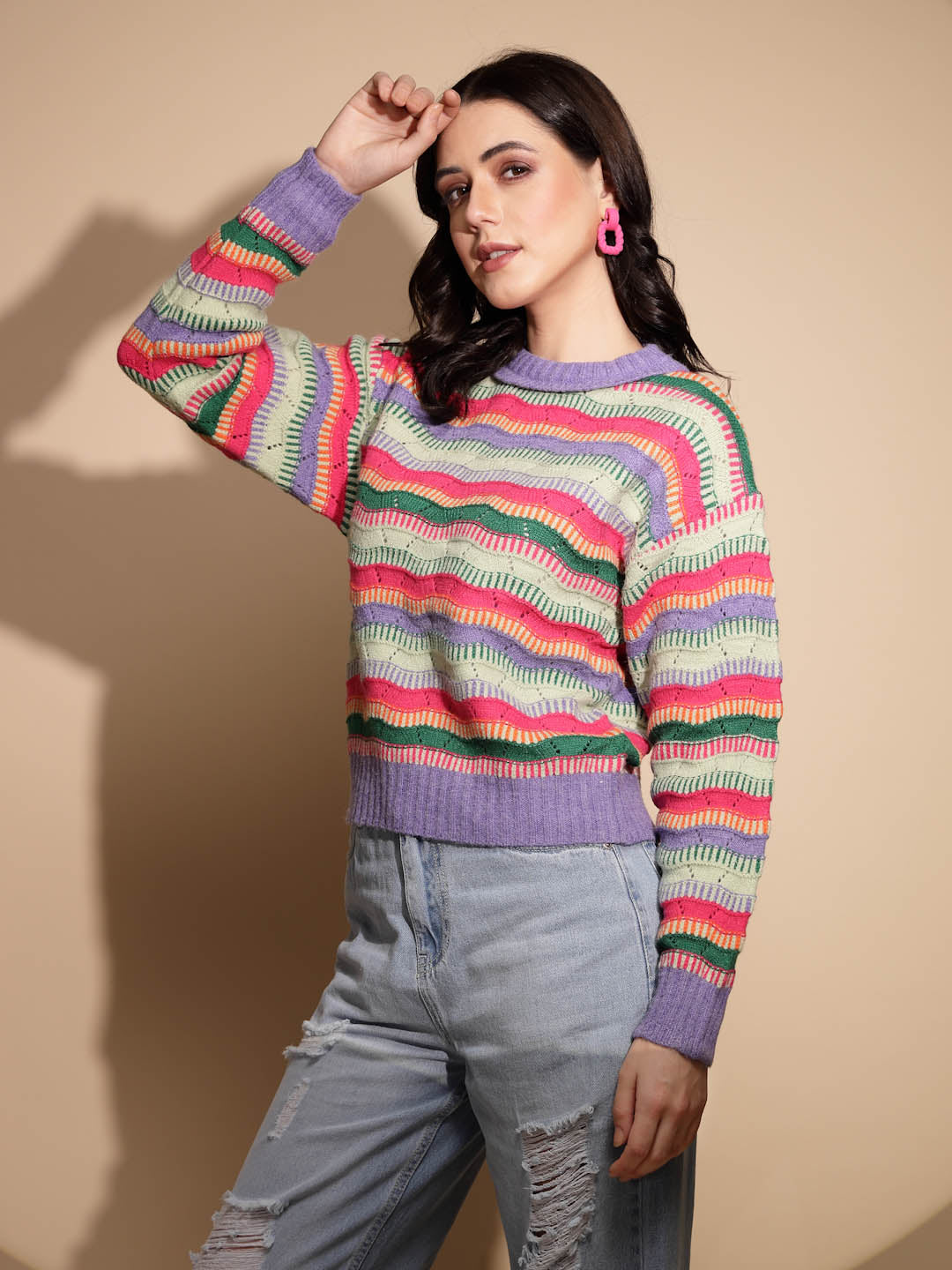 Multicolor Striped Full Sleeve Knitted Regular Fit Pullover