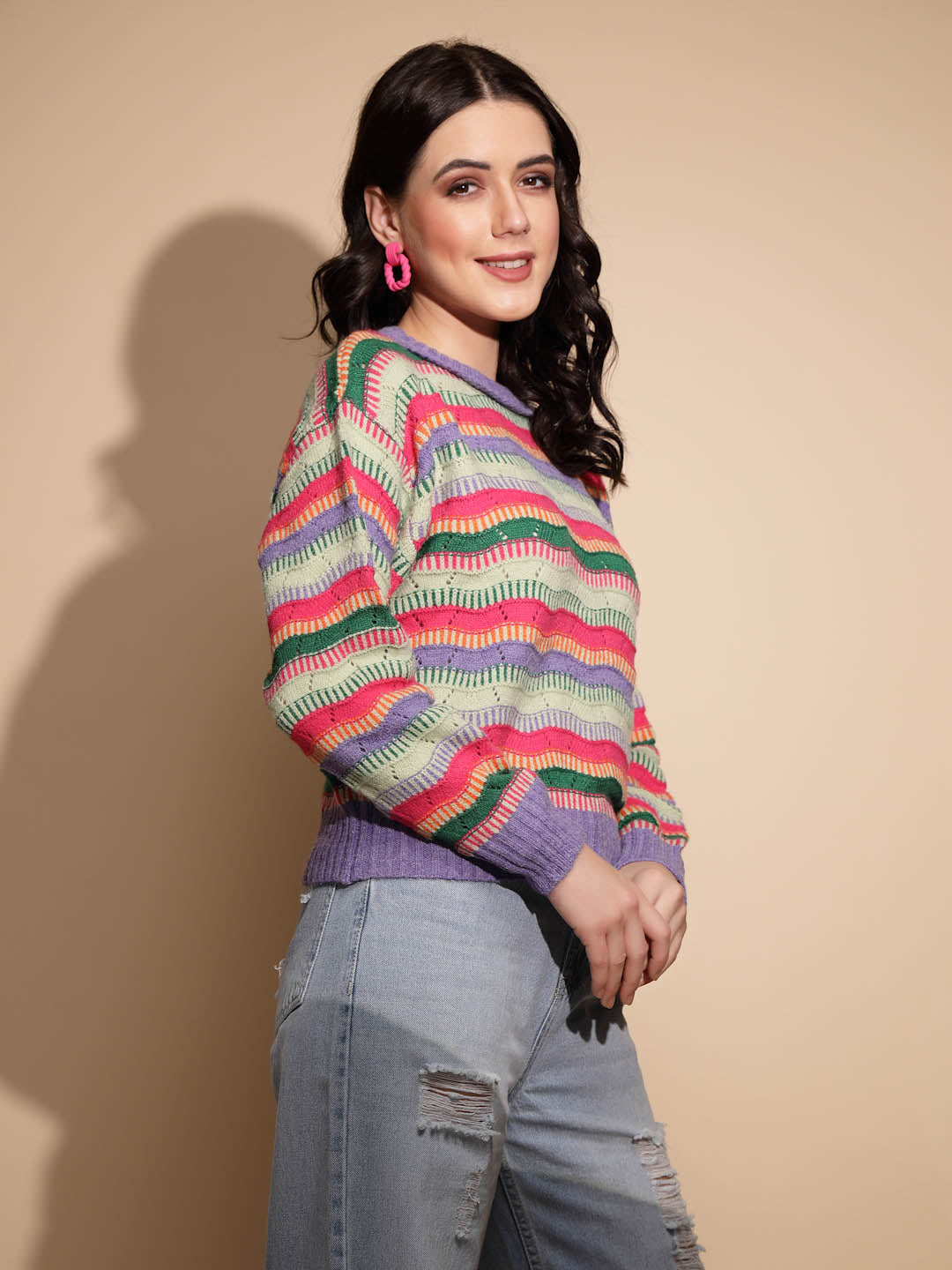 Multicolor Striped Full Sleeve Knitted Regular Fit Pullover